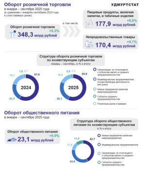 По данным Удмуртстата, оборот розничной торговли в республике за январь–сентябрь 2025 года составил 348,3 млрд рублей, что на 9,2% превысило показатель за аналогичный период 2024 года